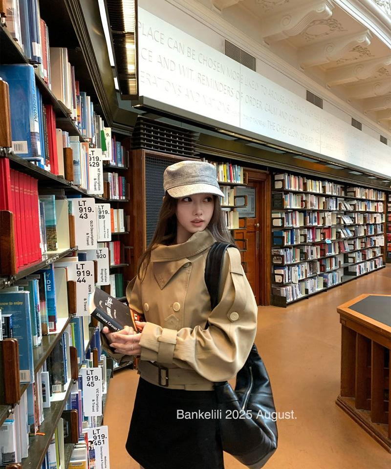 스탠드업카라 벨티드 숏 트렌치자켓