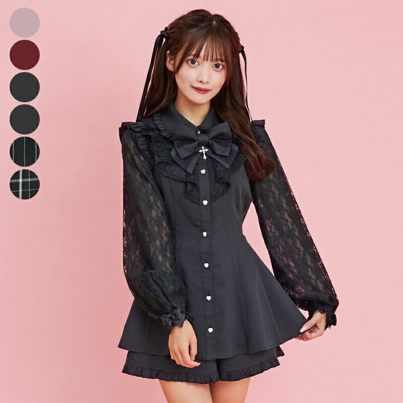 【楽天市場】ラッフル袖レース長袖セットアップ12/6 12:00 クロ再入荷11/1 12:00 ピンク・ワイン・クロ再入荷secrethoney　シークレットハニー　シーハニ　量産型　レディース　ガーリー　長袖　無地　ピンク　ワイン　黒　ブラック　ストライプ　チェック：Secret Honey
