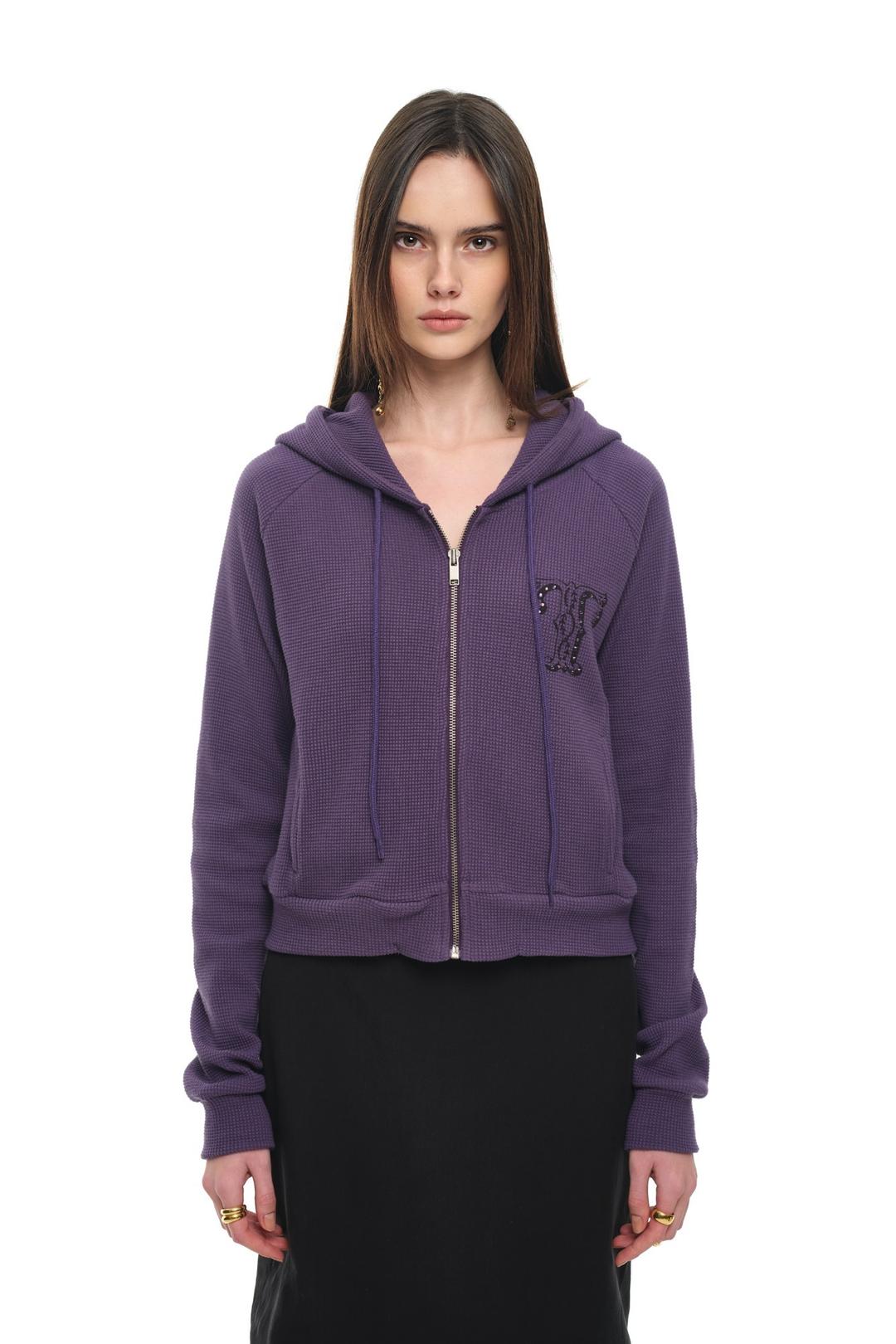 LEO HOTFIX CROP WAFFLE ZIP-UP HOODIE (PURPLE)