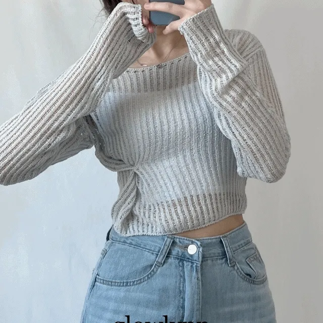 마지막입고/당일출고🚀 하쿠 입술넥 사이드버튼 투웨이 부클 시스루 긴팔 크롭 니트 - nt