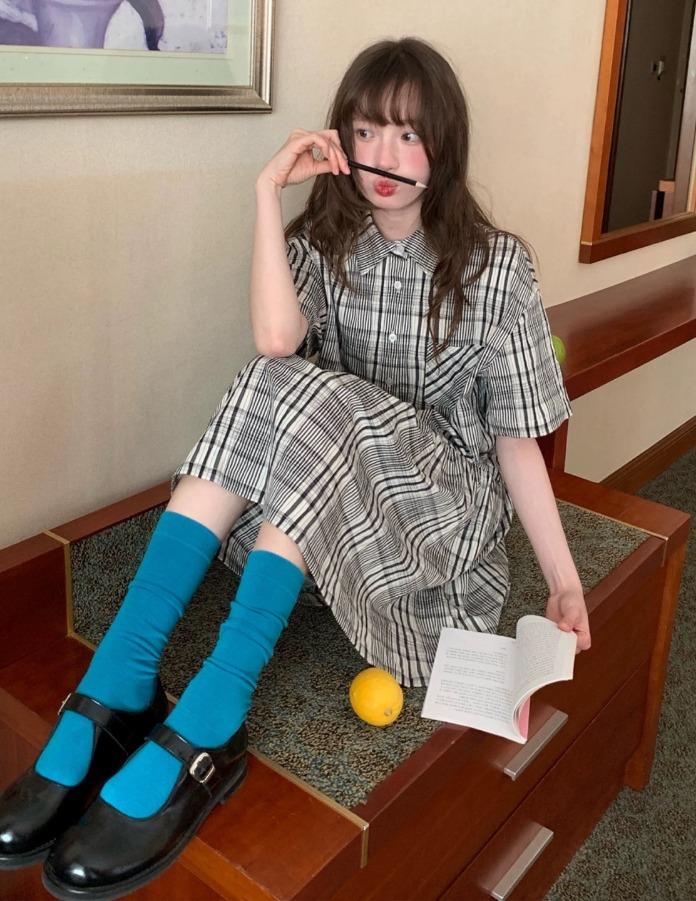 RAINY 플레드 반팔 셔츠 원피스 (블랙)