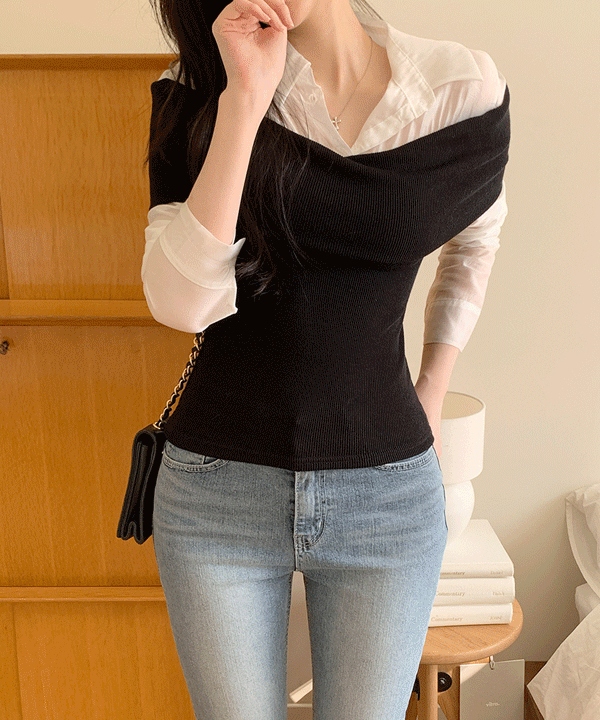 퍼빗 르블랑 오프숄더 레이어드 배색 블라우스 - 2color(2~3주 입고소요)