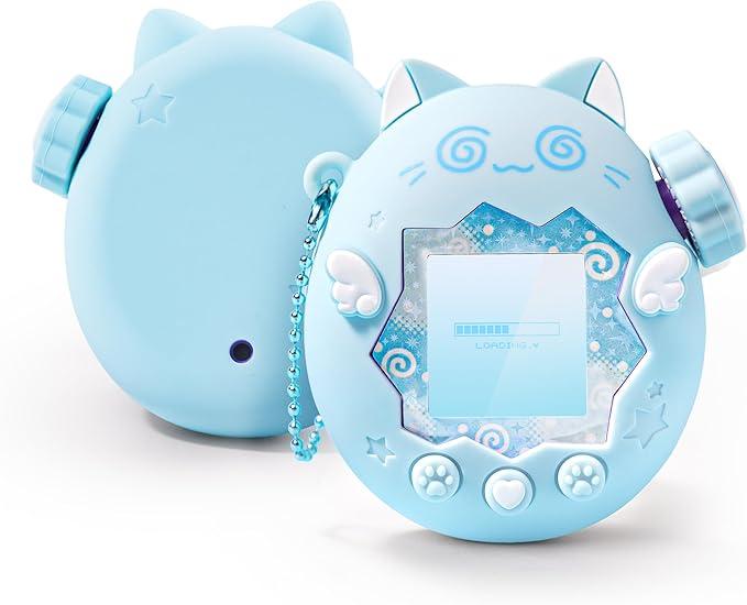 GeekShare For Tamagotchi Paradiseカバー タマゴッチParadise専用ケース シリコン保護カバー 衝撃保護 指紋防止 防汚防水 ギス防止 装着充電可能 おしゃれな チャーム＆オリジナルステッカー付き-くるくるねこ (ブルー)