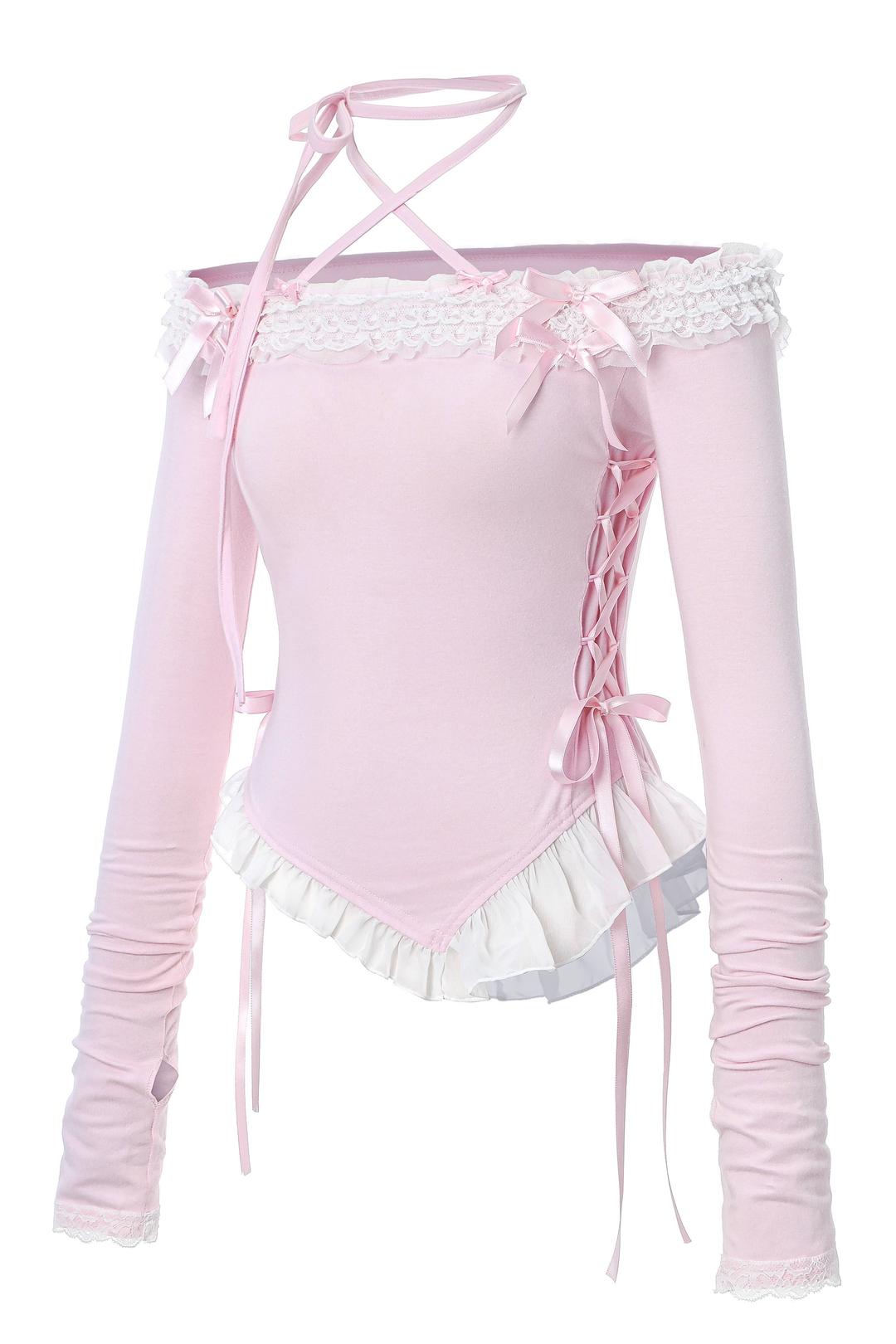 ♥ DOLLY HIME OFF-SHOULDER T ♥ (babypink)