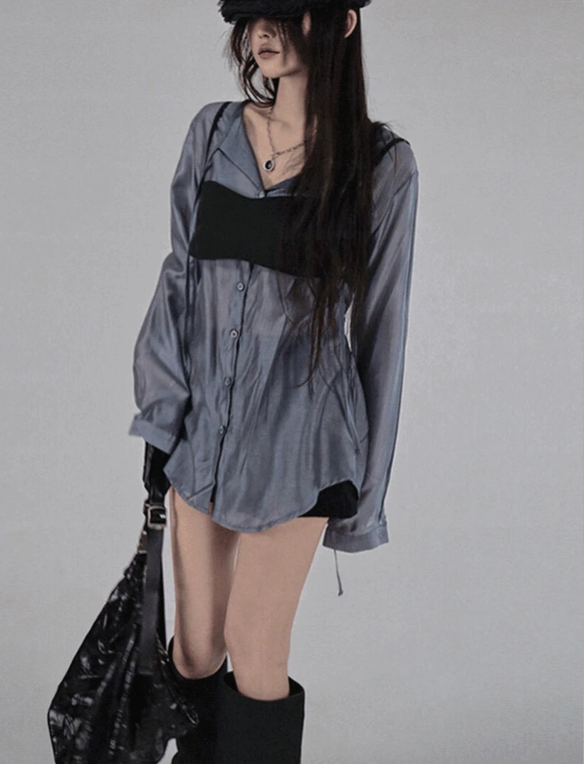 SILKY SEE-THROUGH LOOSE STRAP V-NECK BLOUSE  실키 시스루 스트랩 하프 브이넥 블라우스 (3 COLORS)