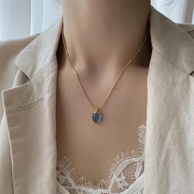 qor 딥 아쿠아 원석 써지컬 엔틱 오벌 롱 목걸이