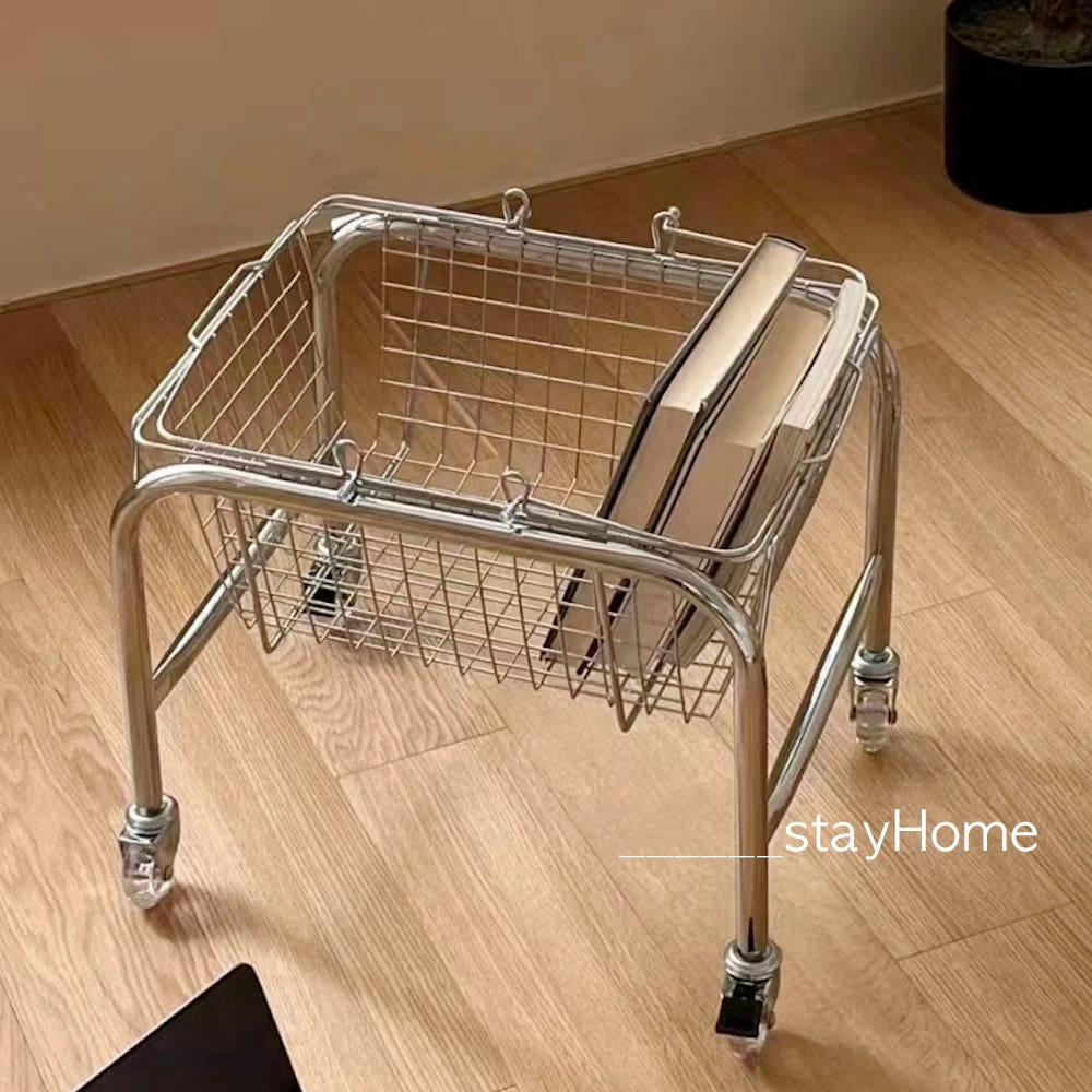 머물:홈 스테인레스 미니 트롤리 이동식 바스켓 카트 간식 책정리 바구니