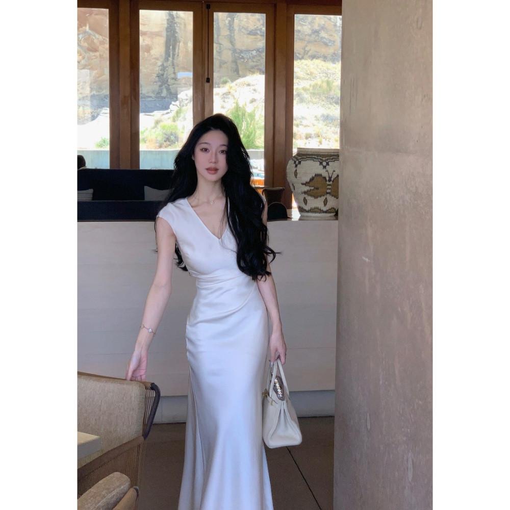 럭셔리 브이넥 새틴 심플한 허리셔링 원피스