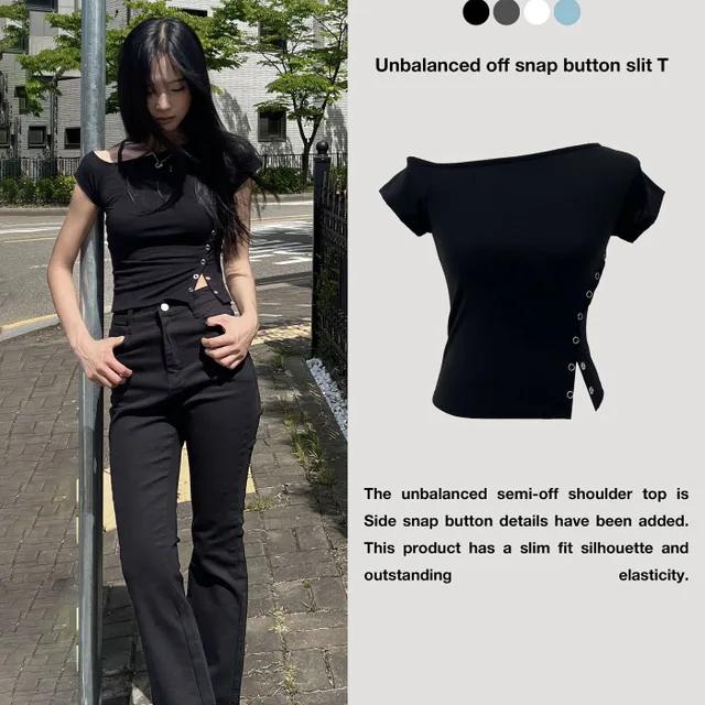 언발 오프 스냅 단추 슬릿 반팔 티셔츠 (4color)
