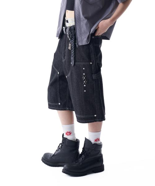 Studded Double Knee Bermuda Denim Pants (Black)