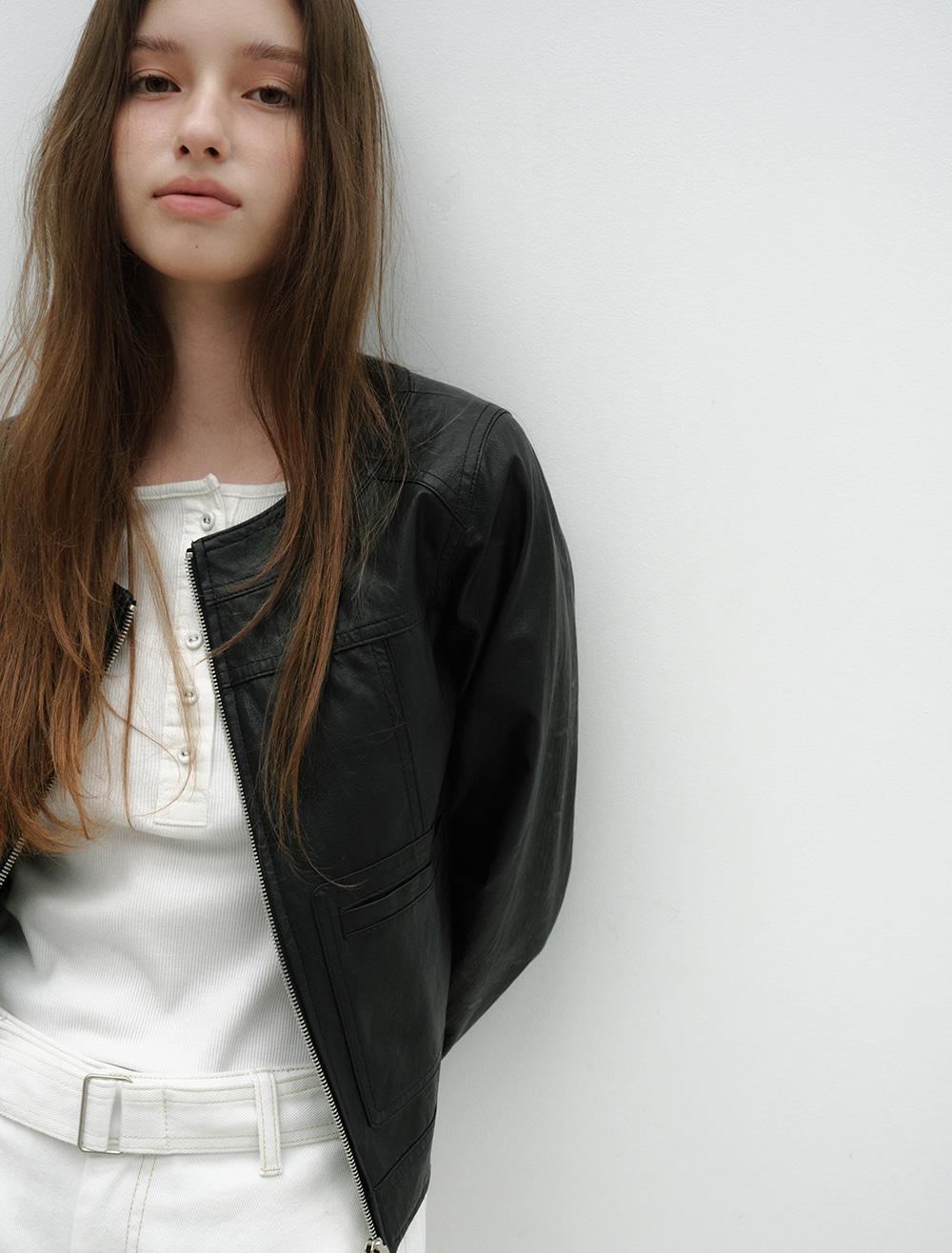 LEATHER ZIP-UP JACKET [BLACK]