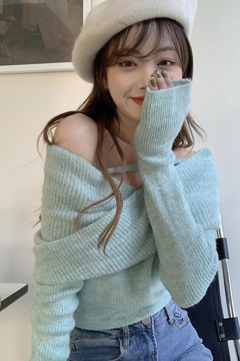 [민트/블랙] 랩 드레이프 윈터 오프숄더 여신 끈 스트랩 트임 남심저격 러블리 유니크 데일리 페미닌 꾸안꾸 가을 겨울 긴팔 니트 티셔츠