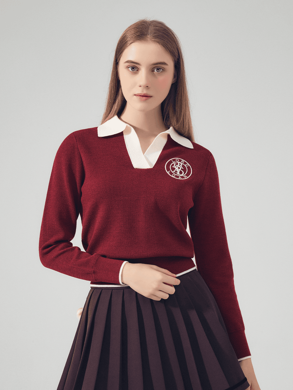 시그니쳐 배색 카라 긴팔 니트 BURGUNDY