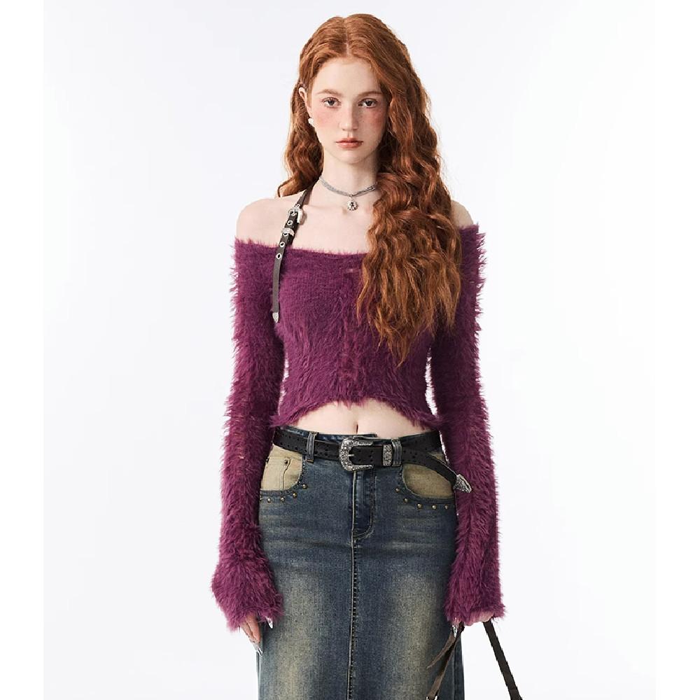 1JINNSTUDIO 벨트라인 튜브탑 보라색 크롭 니트탑 홀터넥 벨트 넥라인 크롭탑