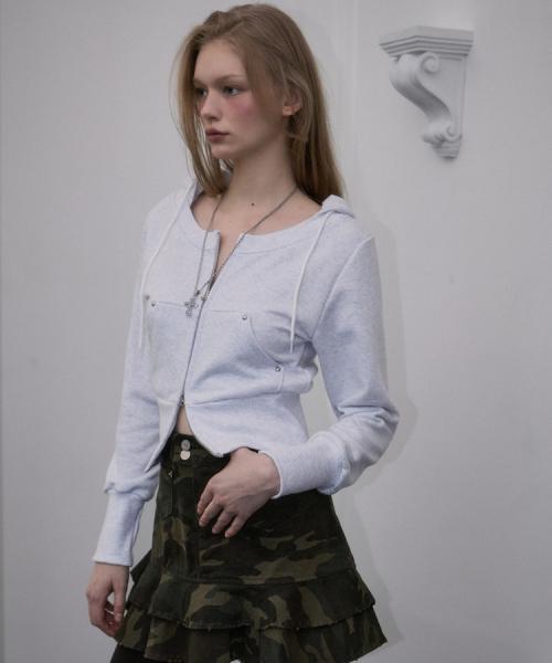 Rivet Round Crop Hood Zip-up [White Melange]