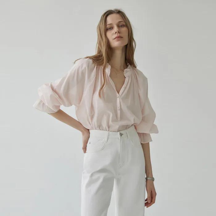 [김태희착용] 빈 스모크 프릴 블라우스 핑크