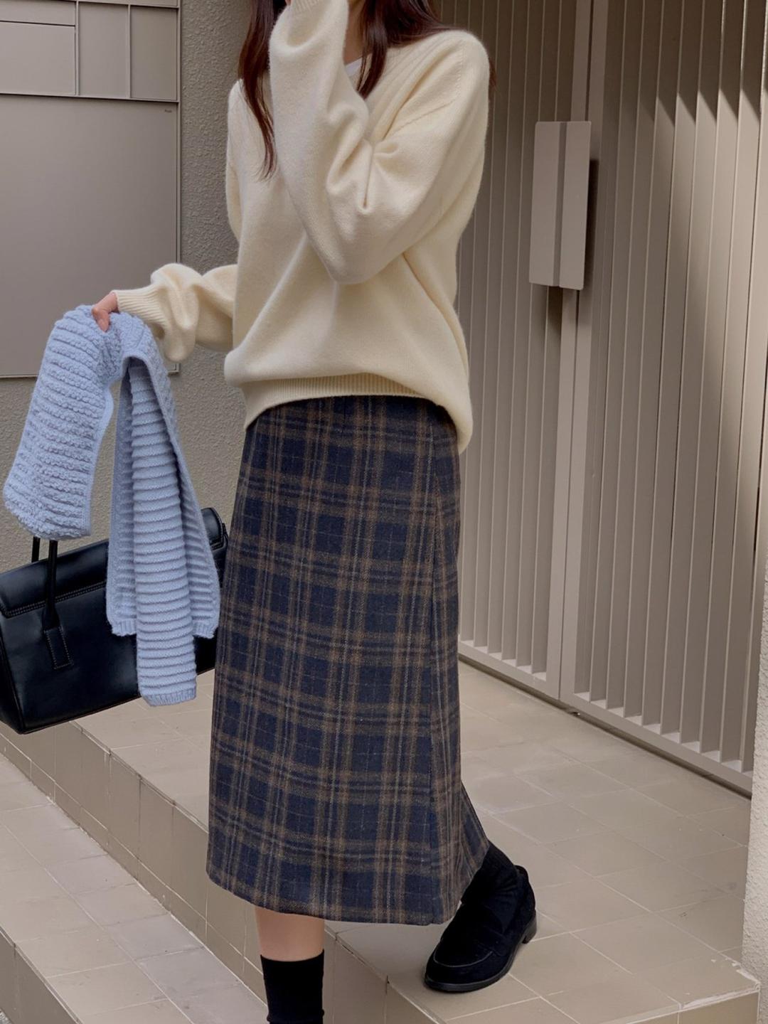 리레스트 [빈티지🤎] 체크롱스커트 모직스커트 울플리츠스커트 울스커트