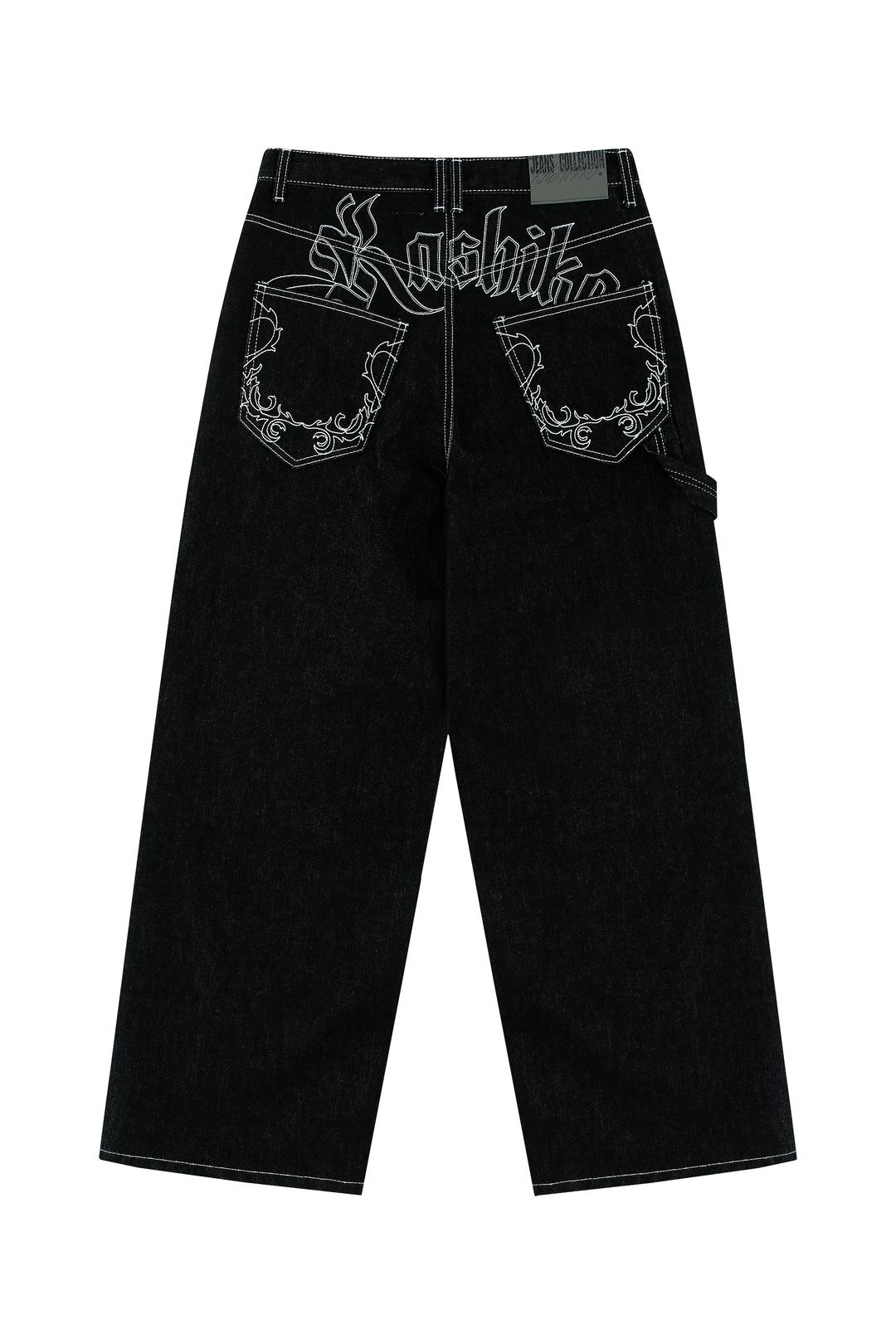 Embroied Nonfade Denim Pants Black