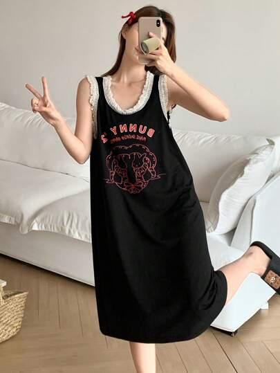 DAZY Cartoon Print Sleeveless Loose Lace Patchwork Women Nightgown