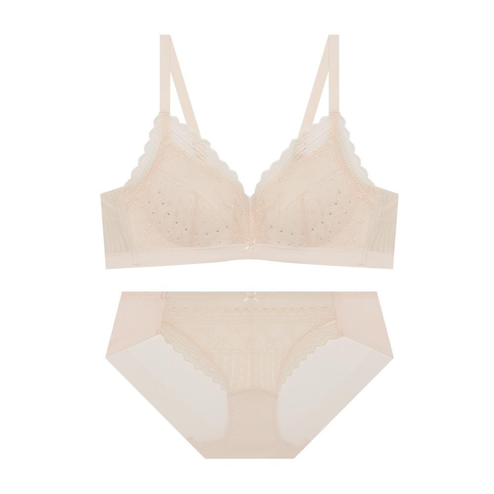 에어홀 컴포트핏 노와이어 레이스 브라 팬티 세트 - 스킨