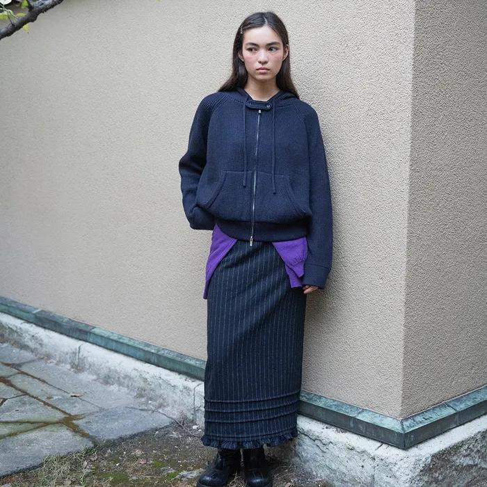 PINSTRIPE FRILL LONG SKIRT_NAVY