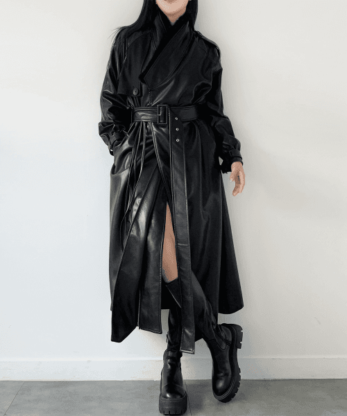 블랙 페이크 레더 남녀공용 털깃 두루마기 롱코트