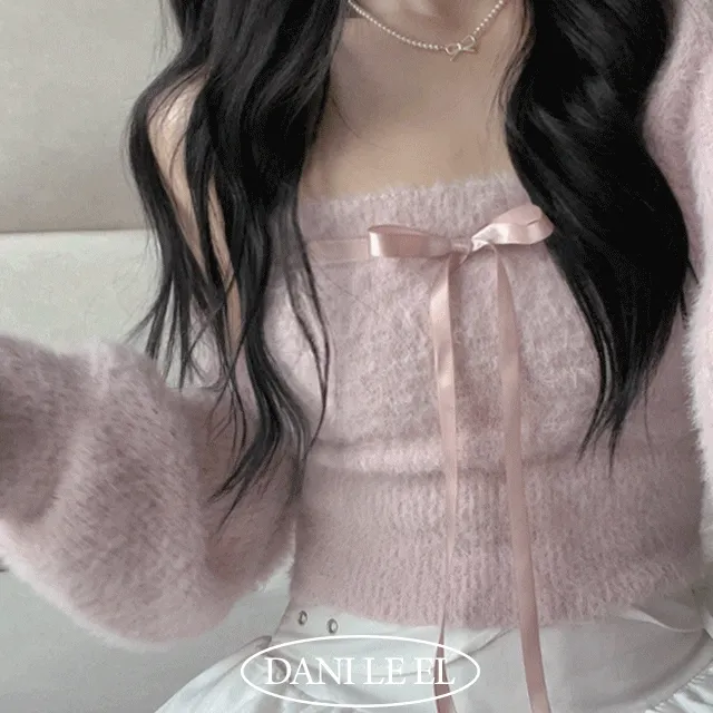 [투피스/당일출고/봄신상*] 리본 앙고라 탱크탑& 승모근 커버 볼레로 가디건 [벚꽃룩 초여름옷 키작녀 발레코어 크롭 수학여행 개강룩 데이트 여행 카페 블랙 핑크 간절기 러블리