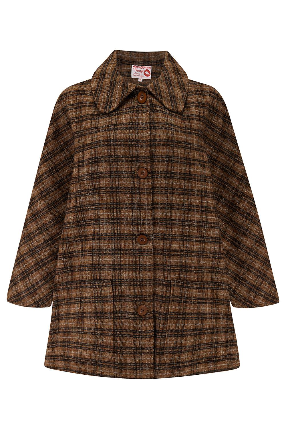 The "Dixie Cape" in Woven BrownCheck, 100% Wool With Luxury Satin Lining, Classic Rockabilly Style (Copy)