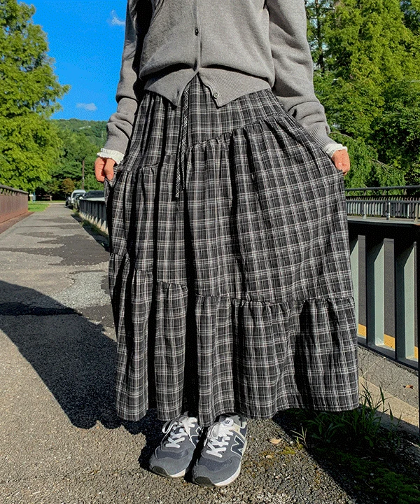 [빈티지🖤] 엘라 체크 캉캉 롱 스커트  타탄 레이어드 셔링 밴딩 맥시 A라인 플레어 치마 가을 가을신상