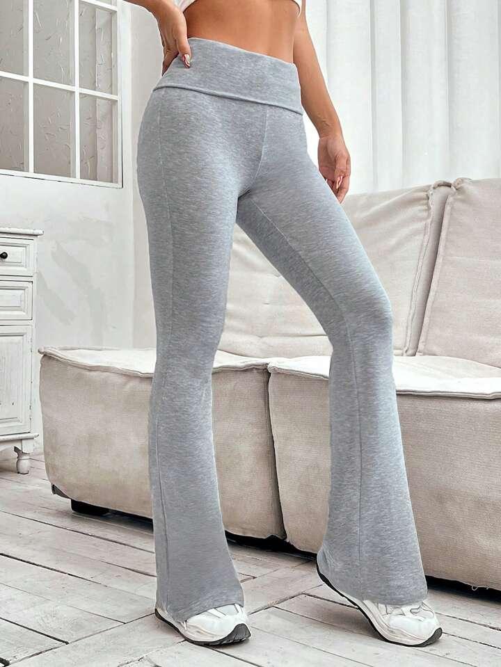 SHEIN EZwear 여성용 단색 플레어 스키니 팬츠 폴드 오버 레깅스 스트레치 부츠컷 벨 하단 요가 팬츠 Y2k 조거