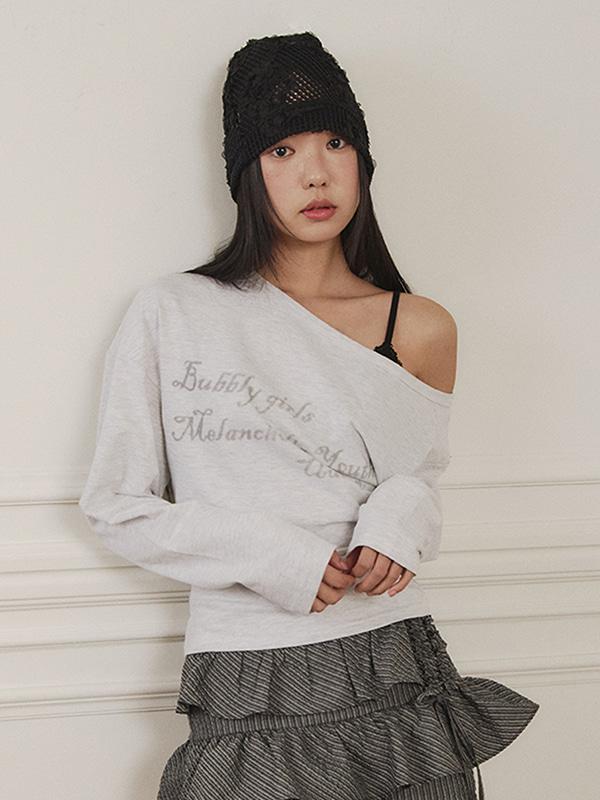 원숄더 언발란스 티셔츠 - 화이트 멜란지