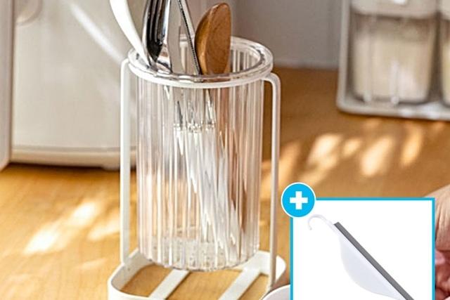 (핸드스퀴지 증정!) 화이트 프레임 투명 물빠짐 수저통 2type / 1구용