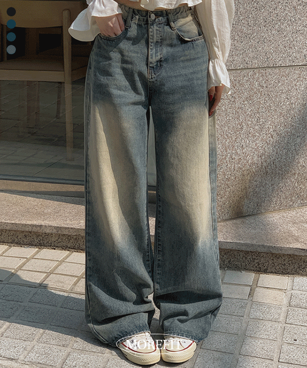 모어핏 [S-3XL/3단기장✦] 앤터 워싱 뒷밴딩 데님 와이드 롱 팬츠 4colros