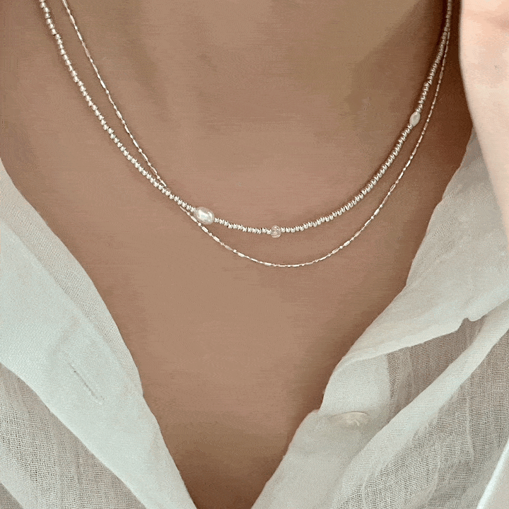 모어티엡 [써지컬] 심플 실버 비즈 자개 담수진주 크리스탈 비즈 목걸이