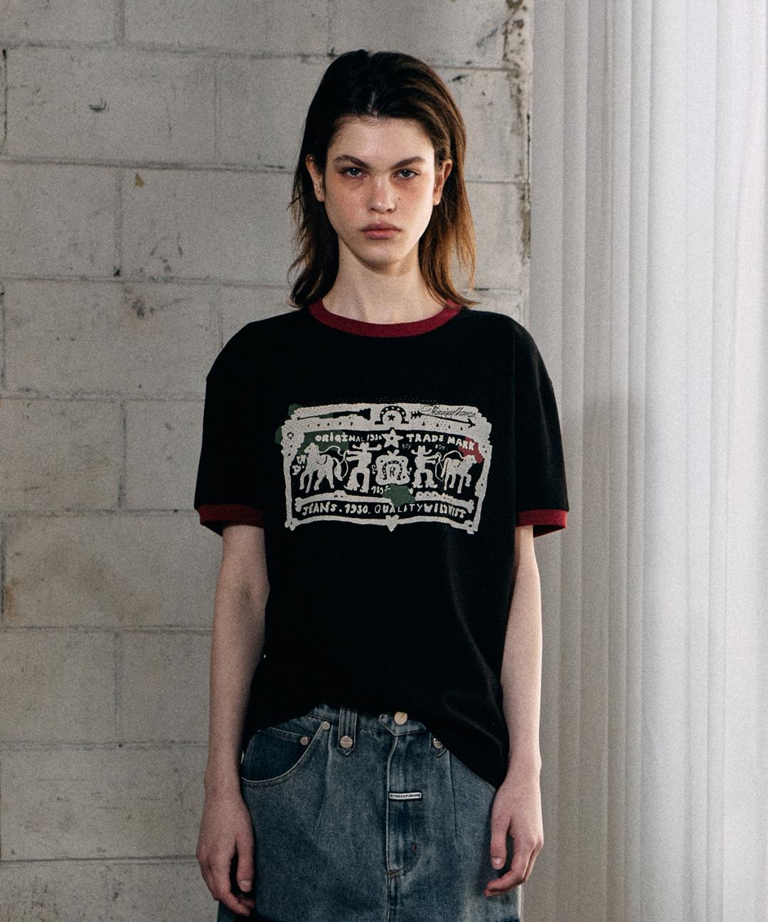 COWBOY PICTOGRAM RINGER TEE BLACK