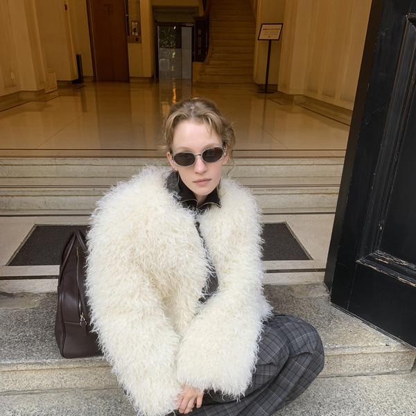 LONSLAN curly teddy round neck fur coat