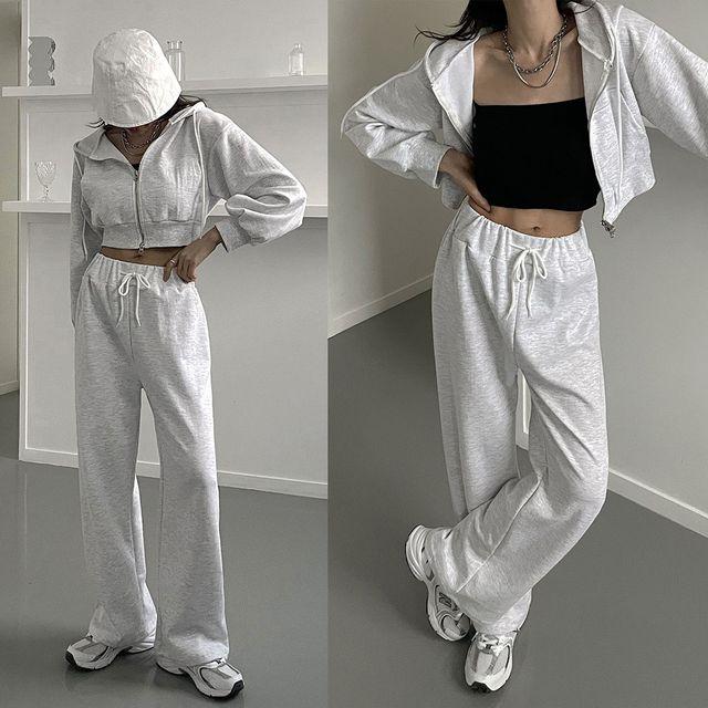 [세트가격] 크롭 후드 집업 밴딩 와이드 팬츠 트레이닝 세트 츄리닝 캐주얼 데일리룩 -BPST0125- 빅사이즈 루즈핏 오버핏 봄 가을