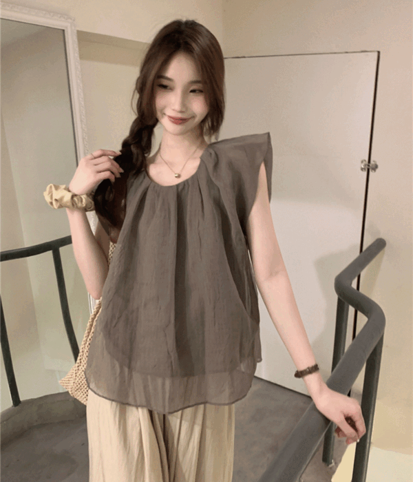 반하니 소베린❤️민소매 라운드 프릴 린넨 블라우스 2color