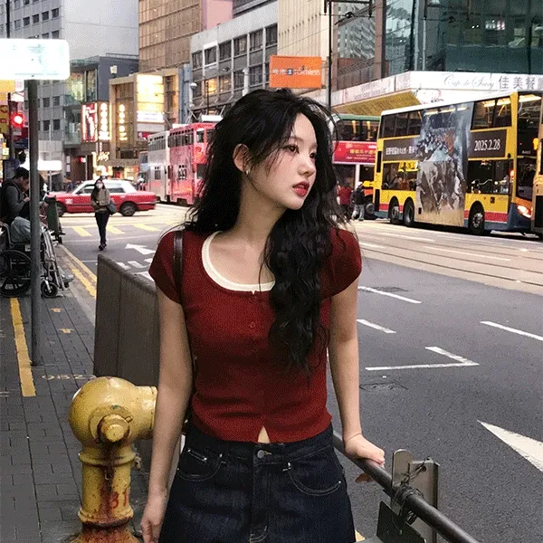 [배색/레이어드👍] 케일 레이어드 반팔 니트 (4color)