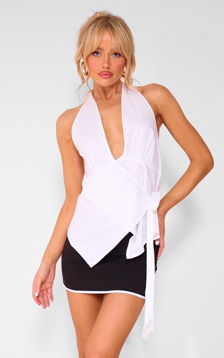 White Halter Neck Wrap Bow Tie Cami Top