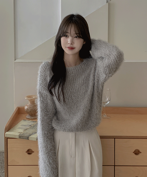 리프 입술넥 솔잎 퍼 크롭 니트 5color (KD1219)