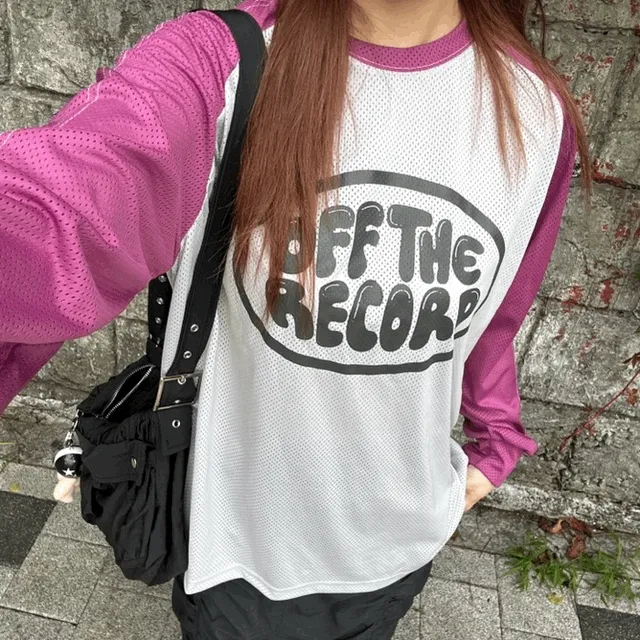 [스포티룩/키치한무드] 레코드 메쉬 배색 긴팔 티셔츠