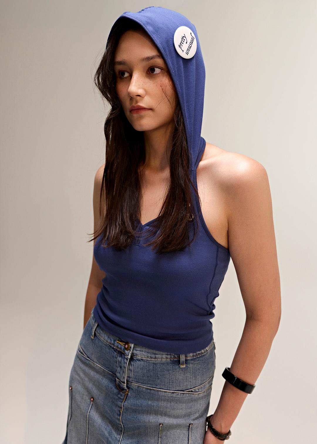Button Hood Halterneck Top Navy