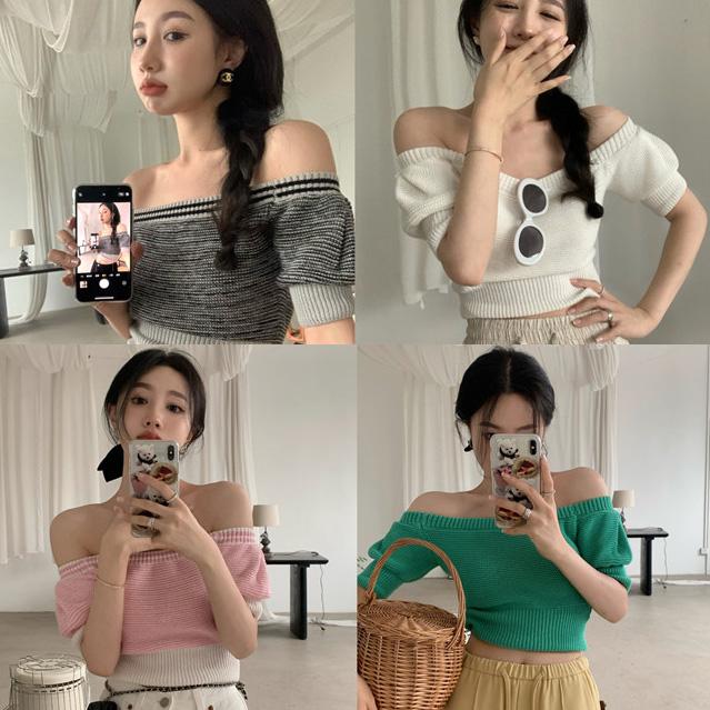 오프숄더 퍼프 소매 크롭 니트 탑 4컬러 르에잇