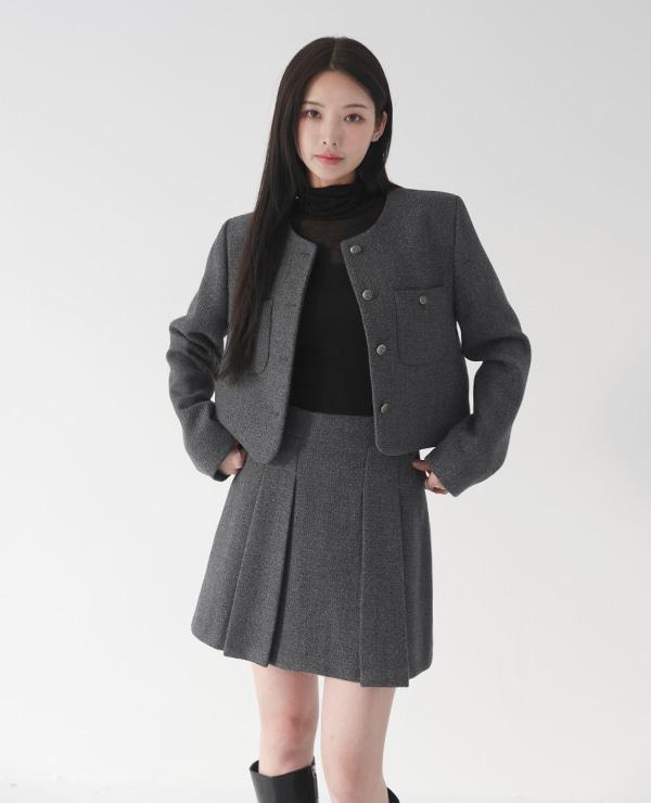 르베네 [기본,누빔ver] 마이 노카라자켓 플리츠스커트 트위드셋업 (2color)