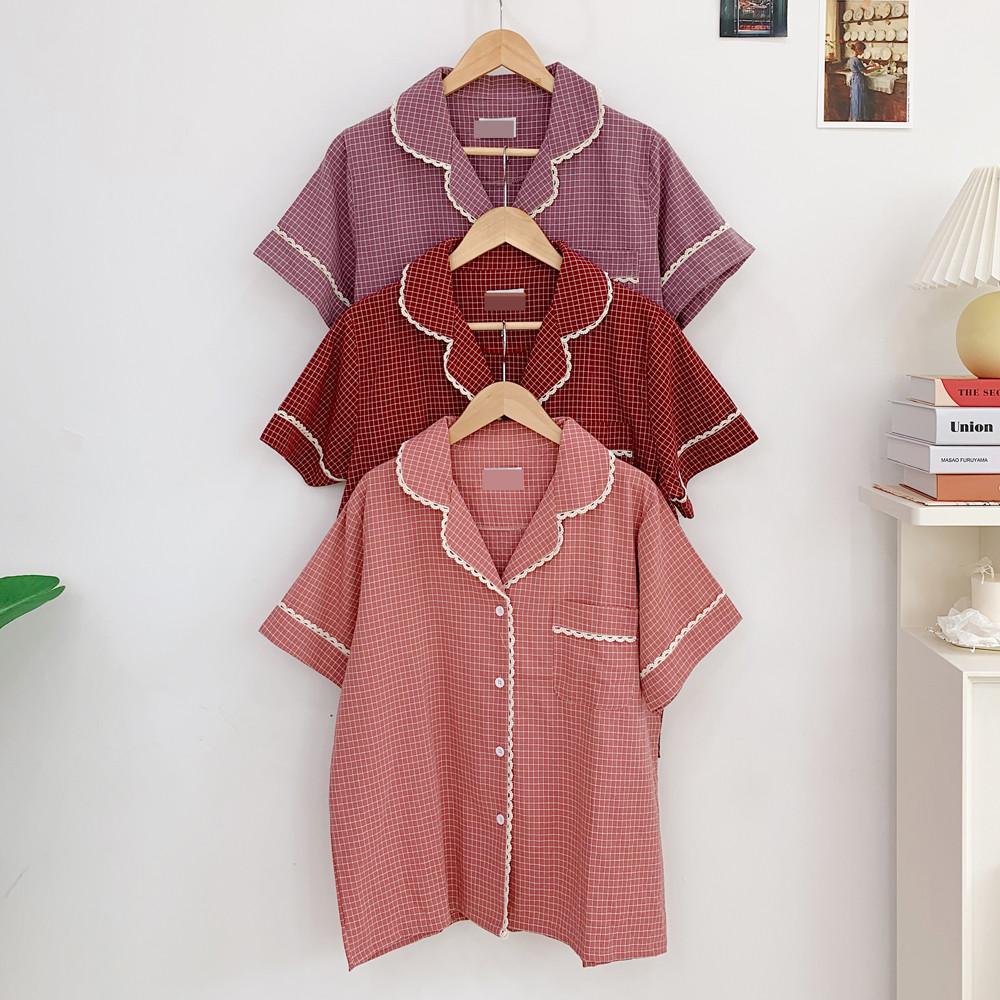 레이스 체크잠옷 여름 커플파자마 반팔 반바지 셔츠 투피스 홈웨어세트(5color)