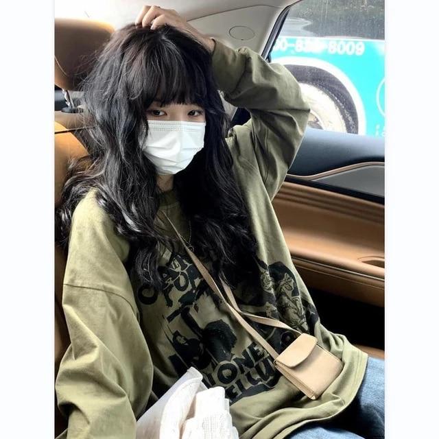 HOUZHOU-하라주쿠 긴 소매 티셔츠, 여성 Y2k 빈티지 미적 탑 티 그런지 가을 고딕 베이직 티셔츠, 스트리트웨어, 한국어