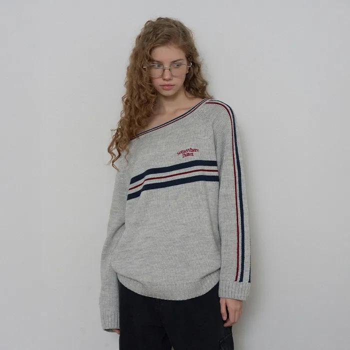 [8th] Line Small Logo Stripe Knit - Light Grey