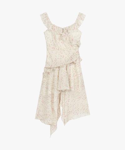 JAS523 사선 프릴 플라워 언발 롱 원피스