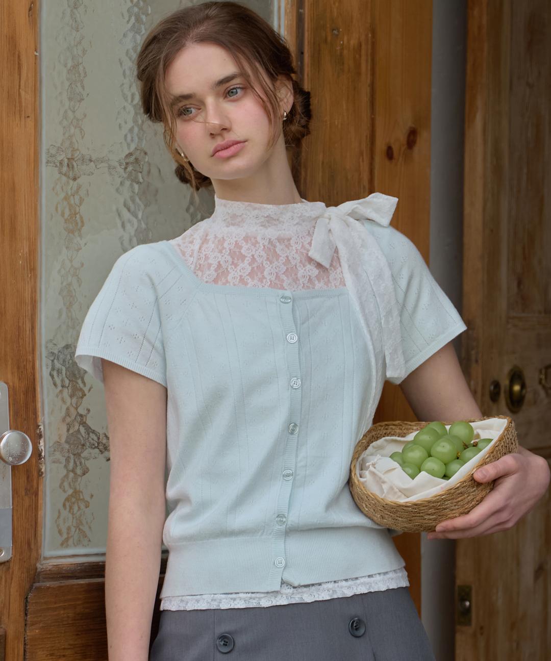 Square neck Punching Short Sleeve Cardigan ( Skyblue )